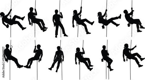 Climbing and rappelling silhouettes set, isolated black vector man on rope illustration.