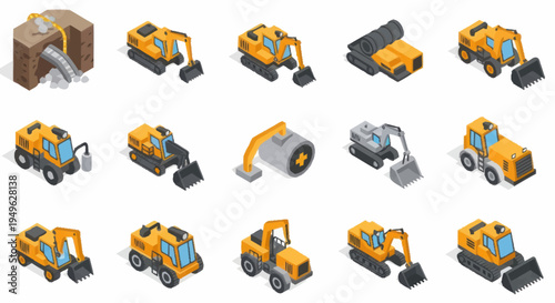 Collection of Isometric Construction Vehicles and Equipment Icons.
