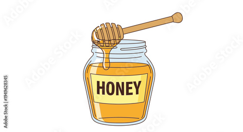 Jar of golden honey with dipper.