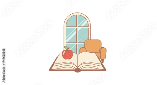 Open book with red apple on top.