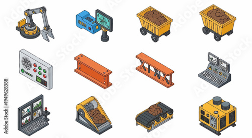 Isometric Industrial Equipment and Machinery Set.