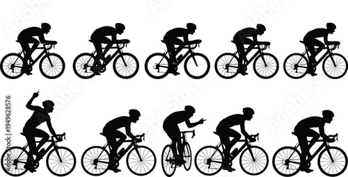 Cyclist silhouette set, professional bicycle racers in various cycling action poses isolated on white background vector.