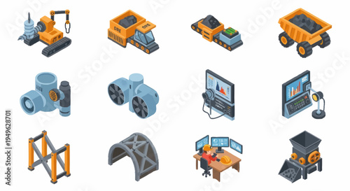 Industrial Equipment and Technology Icons Set.