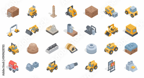 Isometric Construction and Industrial Equipment Icons Set.