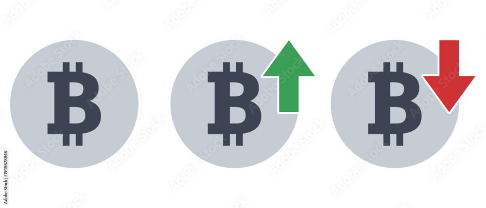 Obraz premium ビットコイン（仮想通貨）のアイコンセット（上昇・下落・通常）