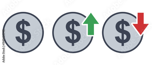 ドルの通貨記号アイコンセット（上昇・下落・アウトラインあり）