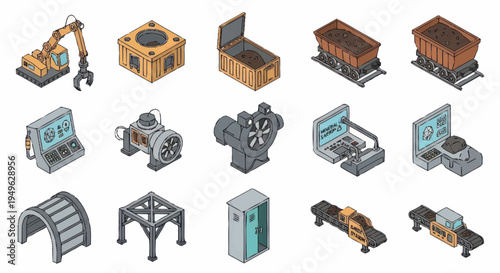 Industrial Isometric Objects Collection Vector Illustration.