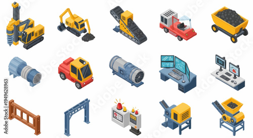 Collection of Industrial Construction and Mining Equipment Icons.