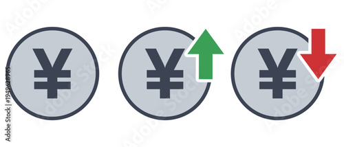 円の通貨記号アイコンセット（上昇・下落・アウトラインあり）