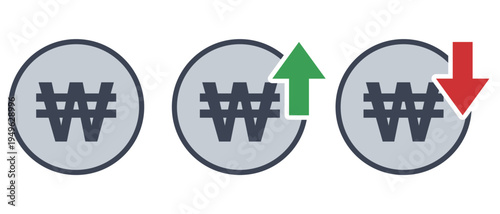 ウォンの通貨記号アイコンセット（上昇・下落・アウトラインあり）