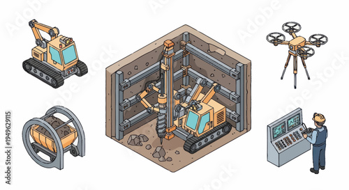 Construction Site Equipment and Technology Illustration.