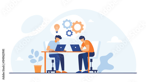 Vector illustration of two people working on laptops at a desk