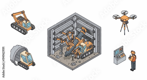 Isometric illustration of advanced construction and robotics technology.