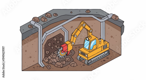 Yellow excavator digging in a mine tunnel.