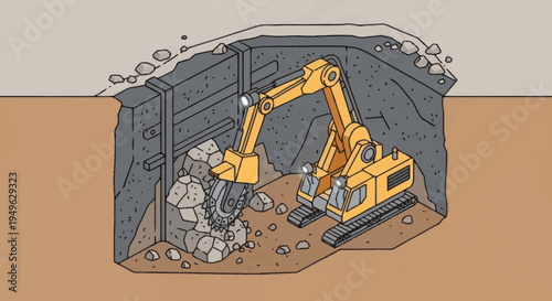 Excavator Digging Deeply in Construction Site Trench.