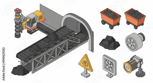 Coal Mining Industry Equipment and Materials Isometric Illustration.