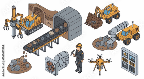 Isometric Mining Operation with Heavy Machinery and Drone.
