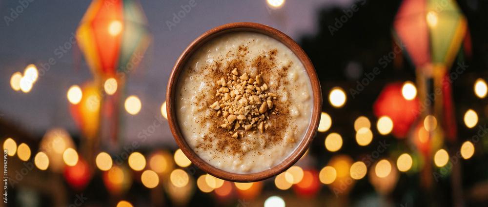 Fototapeta premium A cup of coffee with nuts and cinnamon sprinkled on top, surrounded by colorful lanterns and bokeh lights