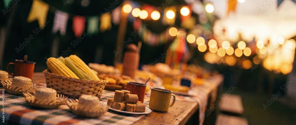 Obraz premium A table set up for a picnic with corn on the cob, cups, and other food items