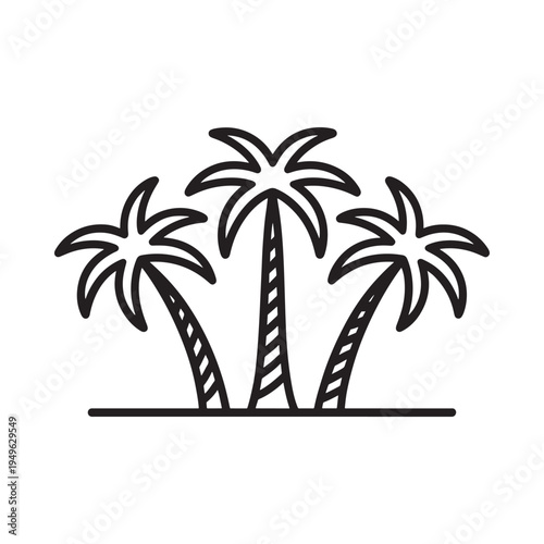 Simple black and white illustration of three palm trees on land