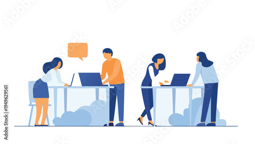 Vector illustration of four people working at desks with laptops