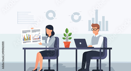 Vector illustration of two business people working at desks with laptops and graphs
