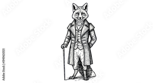 Anthropomorphic Fox Dressed in Victorian Gentleman Attire Holding Cane.