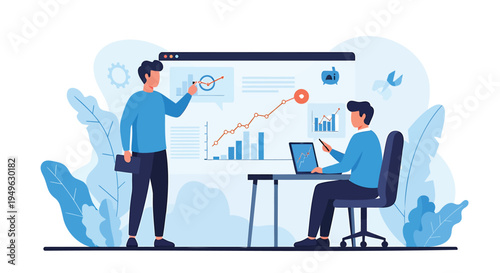 Vector illustration of two businessmen working with data and graphs