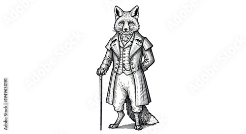 Anthropomorphic Fox Gentleman in Victorian Attire Holding Cane.
