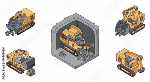Set of Isometric Construction Excavator Machines.