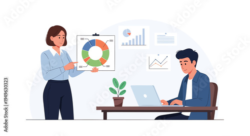 Vector illustration of business people working with laptop and chart