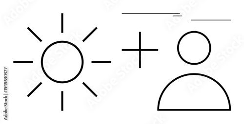 Sun icon, plus sign, and human silhouette form a minimal design symbolizing health, energy, positivity, teamwork, creativity, personal growth well-being. Ideal for simple flat metaphor