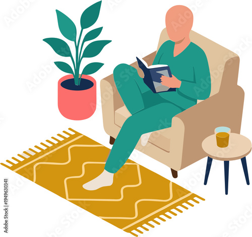 Man reading book sitting on beige armchair next to plant on yellow rug