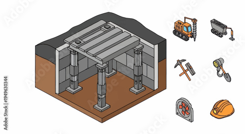 Isometric view of concrete foundation construction with support columns.