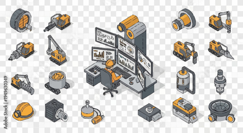 Isometric Industrial Equipment and Control Center Illustration.