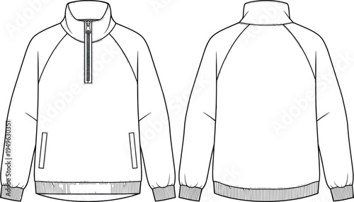 Quarter zip fleece jacket technical sketch vector, professional apparel uniform front and back view line icon illustration.