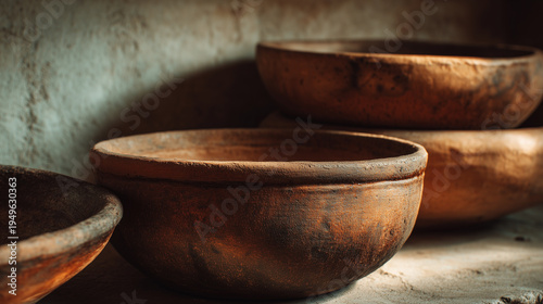 Traditional clay cookware bowls on natural earthy background