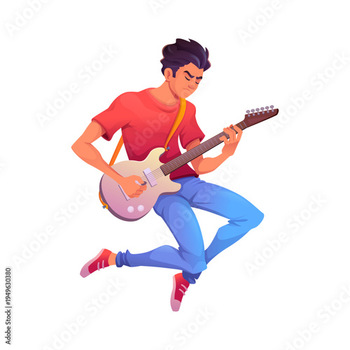 Young Musician Playing Electric Guitar Mid Air Jump With Passionate Rock Energy