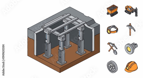 Construction Scaffolding System with Support Beams and Tools.