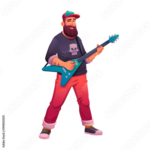 Bearded Guitarist Playing Electric Guitar Cartoon Illustration of Rock Musician With Casual Style