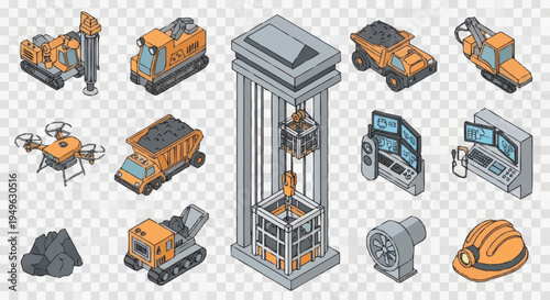 Isometric Mining Industry Equipment and Vehicles Collection.