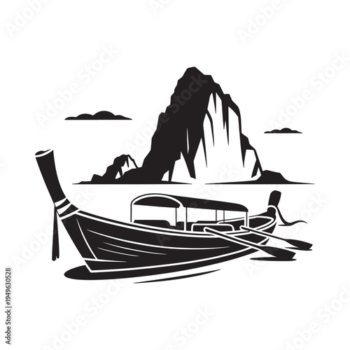 A striking black and white illustration of a longtail boat and karst landscape