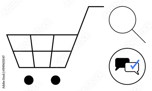 Shopping cart with magnifying glass for search and chat bubble with a check mark for positive feedback. Ideal for online shopping, user reviews, e-commerce, customer satisfaction, search, approval