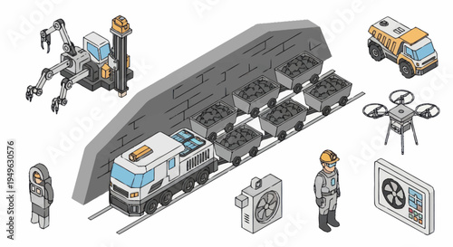 Isometric Mining Train and Equipment Illustration.