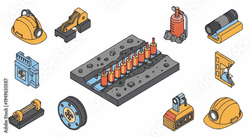 Industrial mining equipment and safety gear isometric illustration.