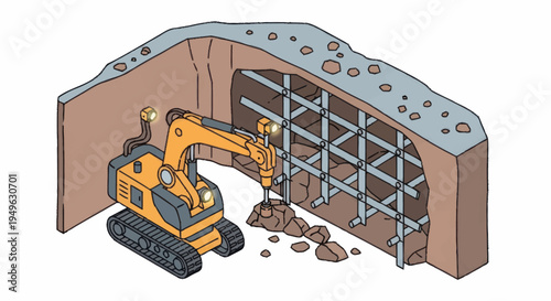 Excavator demolishing concrete wall with rebar structure.