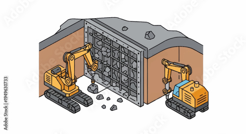 Construction Excavators Working on Large Structure.