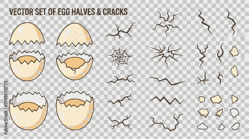 Cracked eggshell halves and isolated fractures in vector style with transparent background for design use