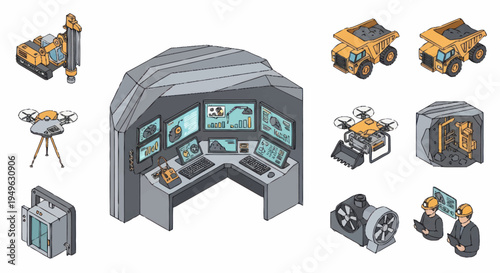 Isometric Industrial Technology and Control Room Set.