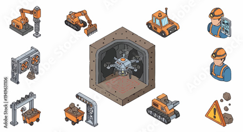 Isometric Mining Industry Elements and Machinery Set.